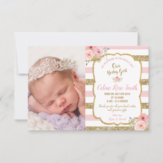 Floral Pink Gold Baby Girl Birth Photo Announcement (Front)