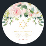 Floral Pink & Gold Bar Mitzvah Classic Round Sticker<br><div class="desc">These personalised stickers can be used on stationery,  favours or anything you need for your daughters Bat Mitzvah. Design features watercolor pink floral arrangements with gold dots and a star of David. Matching items are available.</div>