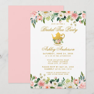 Floral Pink Gold Bridal Shower Tea Party Invite P