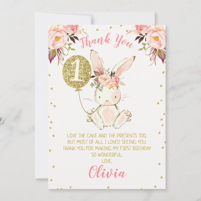 Floral Pink Gold Bunny 1st Birthday Thank You Card (Front)