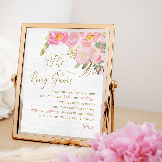 Floral Pink Gold Calligraphy Ring Game Sign (Ring Game poster from my Pink and Gold Watercolor Floral Bridal Shower Collection)