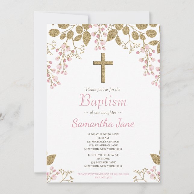 Floral Pink Gold Cross Baby Girl Baptism Invitation (Front)