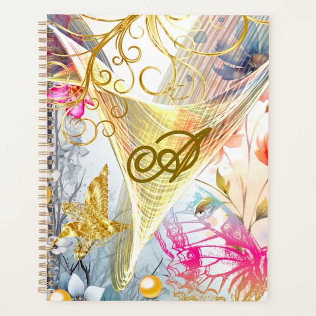 Floral Pink Gold Fairy Bird Butterfly Monogrammed  Planner (Front)