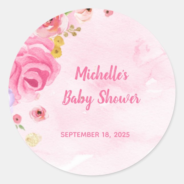 Floral Pink Gold Girls Watercolor Classic Round Sticker (Front)
