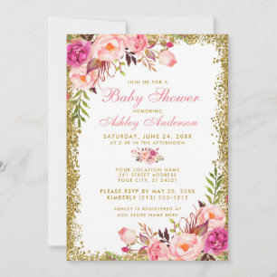 Floral Pink Gold Glitter Baby Shower Invitation