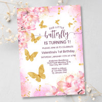 Floral Pink Gold Glitter Butterfly 1st Birthday