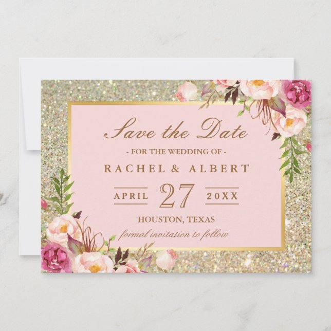 Floral Pink Gold Glitter Wedding Save the Date (Front)