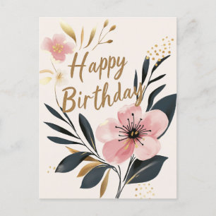 Floral Pink Gold Happy Birthday Postcard