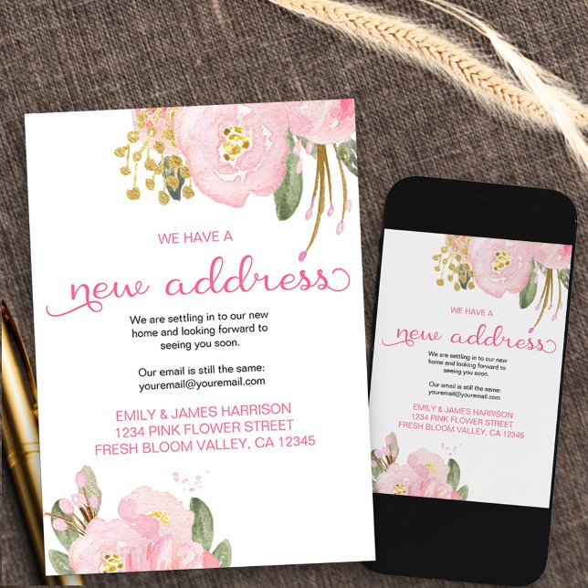 Floral Pink Gold New Address Moving Announcement (Floral new address moving announcement card available printed or as printable digital download
)