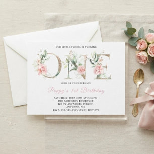 Floral Pink Gold Photo 1st Birthday Party Invitation