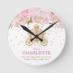 Floral Pink Gold Princess Carriage Birth Stats Round Clock