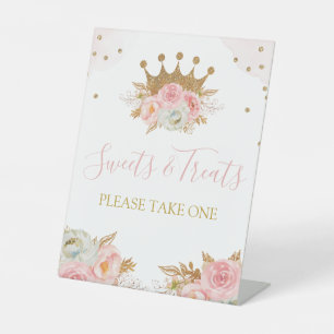 Floral Pink & Gold Princess Sweets & Treats Pedestal Sign