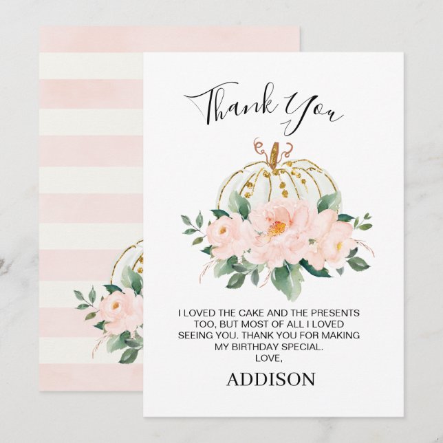 Floral Pink Gold Pumpkin Birthday Thank You Card (Front/Back)