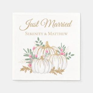 Floral Pink Gold Pumpkin Just Married Fall Wedding Napkin