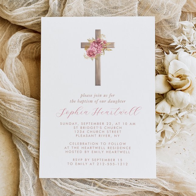 Floral Pink Gold Roses Cross Girl Baptism Invitation (Creator Uploaded)