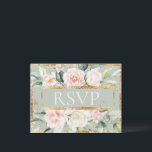 Floral Pink Gold Sage Green Quinceañera RSVP Postcard<br><div class="desc">Elegant pink blush floral Quinceañera “RSVP”  Sage green background trimmed in faux rustic gold. A beautiful budget postcard. Perfect for your occasiin.</div>