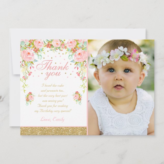 Floral Pink Gold Thank You Card Pink & Gold (Front)
