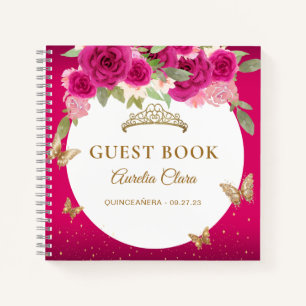 Floral Pink Gold Tiara Butterfly Guest Book
