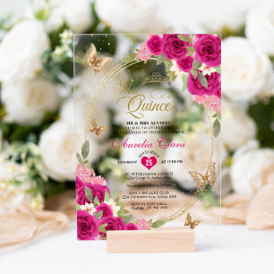 Floral Pink Gold Tiara Butterfly Mis Quinceañera Acrylic Invitations