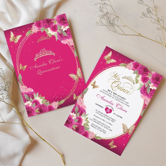 Floral Pink Gold Tiara Butterfly Mis Quinceañera Invitation (Creator Uploaded)