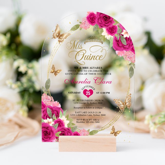Floral Pink Gold Tiara Butterfly Quinceañera Arch Acrylic Invitations (Creator Uploaded)