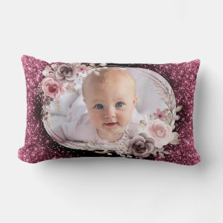 Floral Pink Gold Two Photo Baby Girl cute Lumbar Cushion