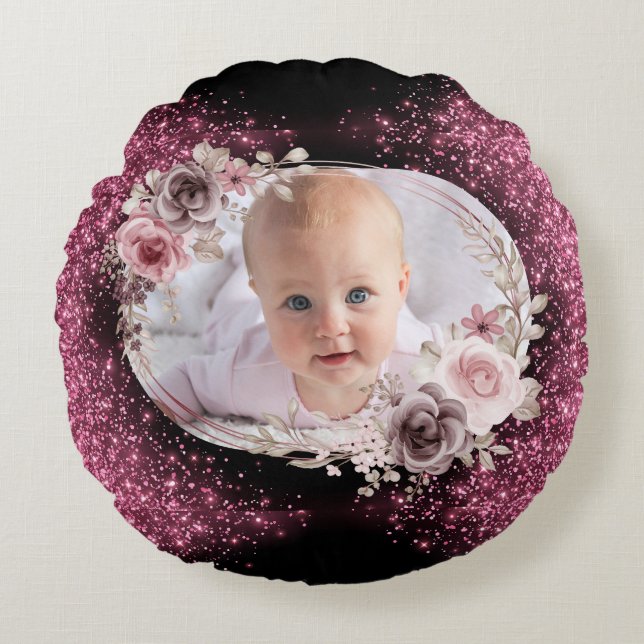 Floral Pink Gold Two Photo Baby Girl cute Round Cushion (Front)
