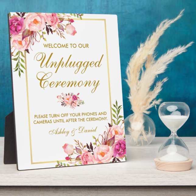 Floral Pink Gold Wedding Ceremony Unplugged Plaque (Side)