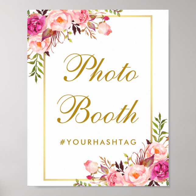 Floral Pink Gold Wedding Photo Booth Poster (Front)