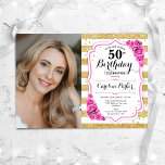 Floral Pink Gold White Photo 50th Birthday Invitation<br><div class="desc">Elegant floral feminine 50th birthday invitation with your photo. Glam, white and baby pink with faux glitter gold. Features stripes, light pink roses, script font and confetti. Perfect for a stylish adult bday celebration party. Personalise with your own details. Can be customised for any age! Printed Zazzle invitations or instant...</div>