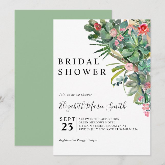 Floral Pink Green Cactus Succulent Bridal Shower Invitation (Front/Back)