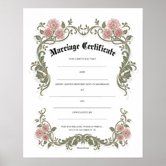 Floral Pink Green Marriage Wedding Certificate Poster