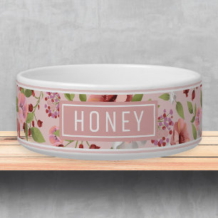 Floral Pink Green Pattern Name Template Pet Bowl