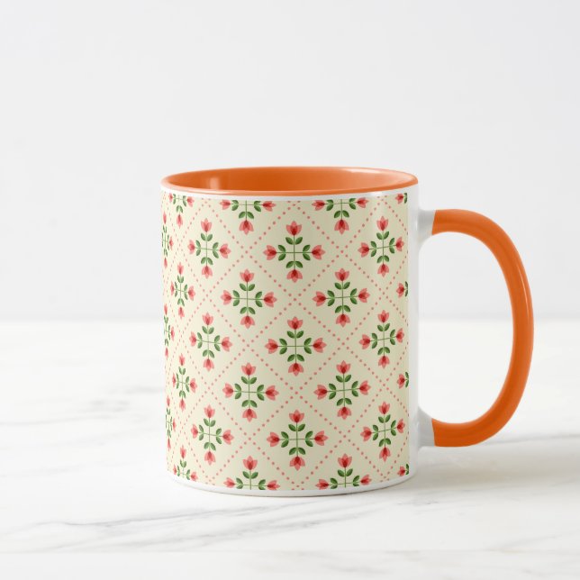 Floral Pink & Green Quilt Folk Art Pattern Mug (Right)