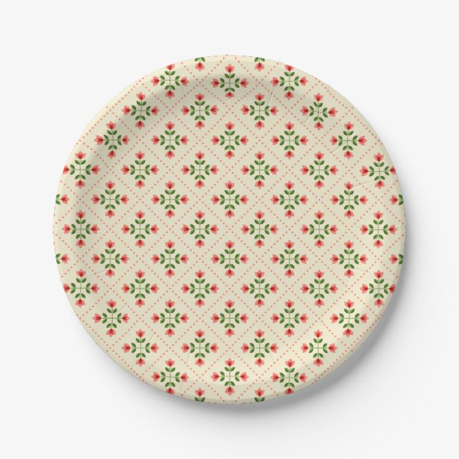 Floral Pink & Green Quilt Folk Art Pattern Paper Plate (Front)