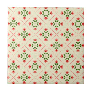 Floral Pink & Green Quilt Folk Art Pattern Tile
