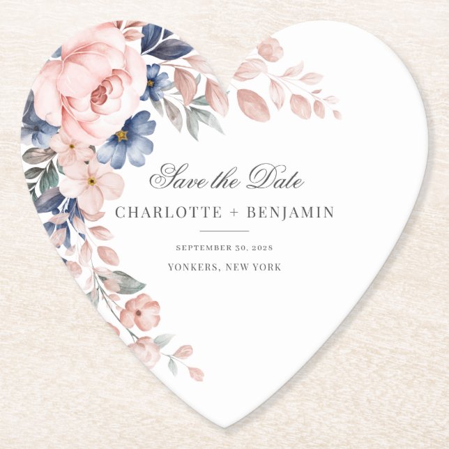 Floral Pink Greenery Script Save the Date Wedding Paper Coaster (Front)