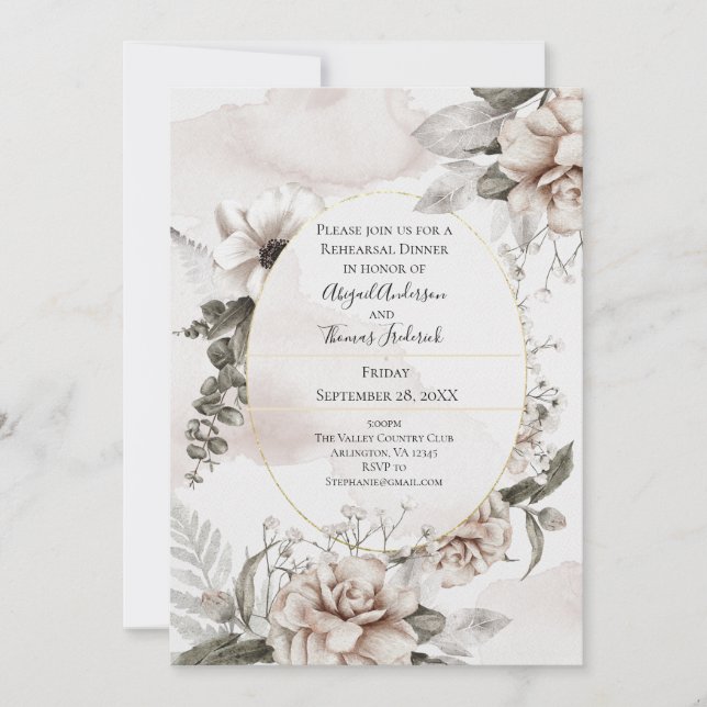 Floral Pink Grey Botanical Elegant Rehearsal Dinne Invitation (Front)
