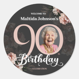 Floral Pink Grey Custom Photo 90th Birthday  Classic Round Sticker