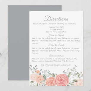 Floral Pink Grey Directions Rose Flowers Wedding Invitation