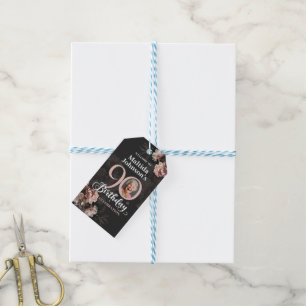 Floral Pink Grey Photo 90th Birthday Thank You Gift Tags
