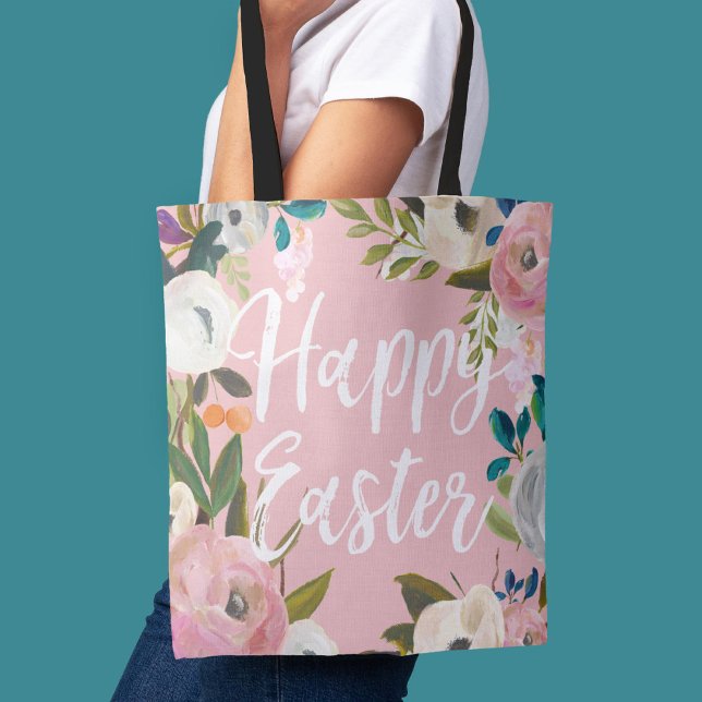 Floral Pink Happy Easter | Easter Egg Hunt Tote Bag (Creator Uploaded)