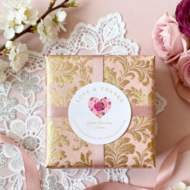 Floral Pink Heart Love Thanks Supporting Business Classic Round Sticker (Floral Pink Heart Love & Thanks Supporting Small Business Classic Round Stickers. )