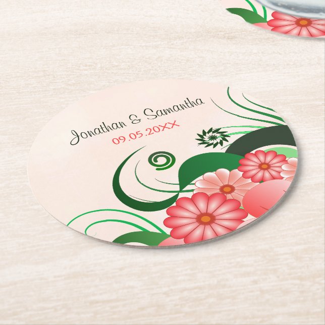 Floral Pink Hibiscus Round Wedding Paper Coasters (Angled)