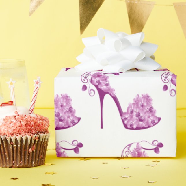 Floral Pink High Heel Shoes Wrapping Paper (Birthday Party)