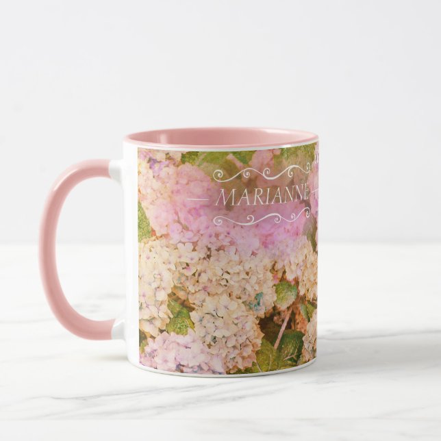 Floral Pink Hydrangea Monogram Name Script Mug (Left)
