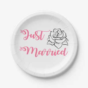 Floral Pink Just Married Wedding Black Rose Flower Paper Plate