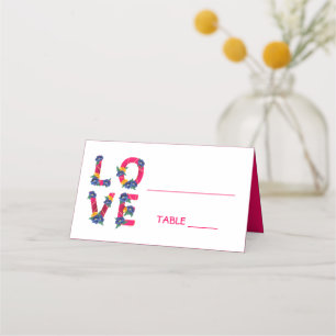 Floral Pink Love Watercolor Blue Flowers Wedding Place Card