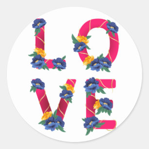 Floral Pink Love With Blue & Yellow Flowers Classic Round Sticker