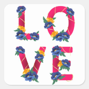 Floral Pink Love With Blue & Yellow Flowers Square Sticker